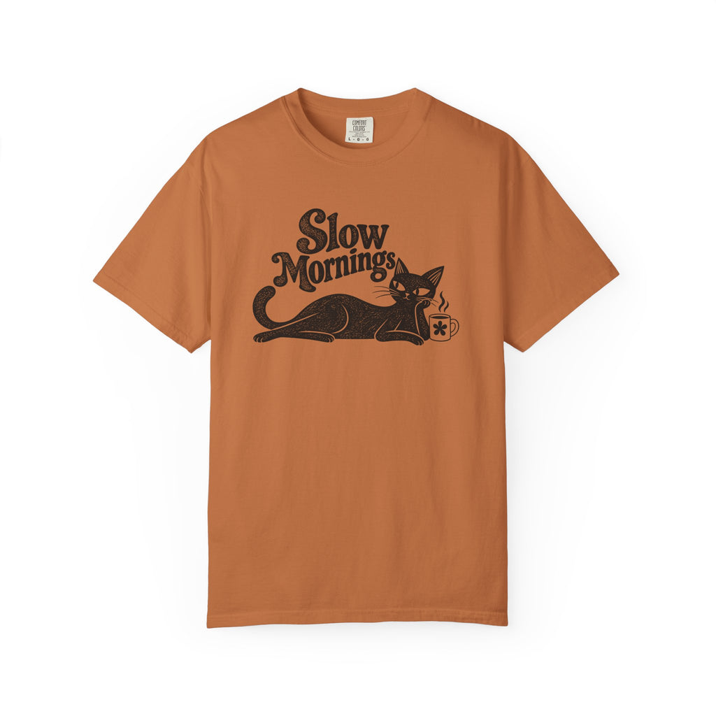 Slow Mornings Vintage T-Shirt | Retro Cat Graphic Tee | Cozy Slow Living Coffee Lover Shirt