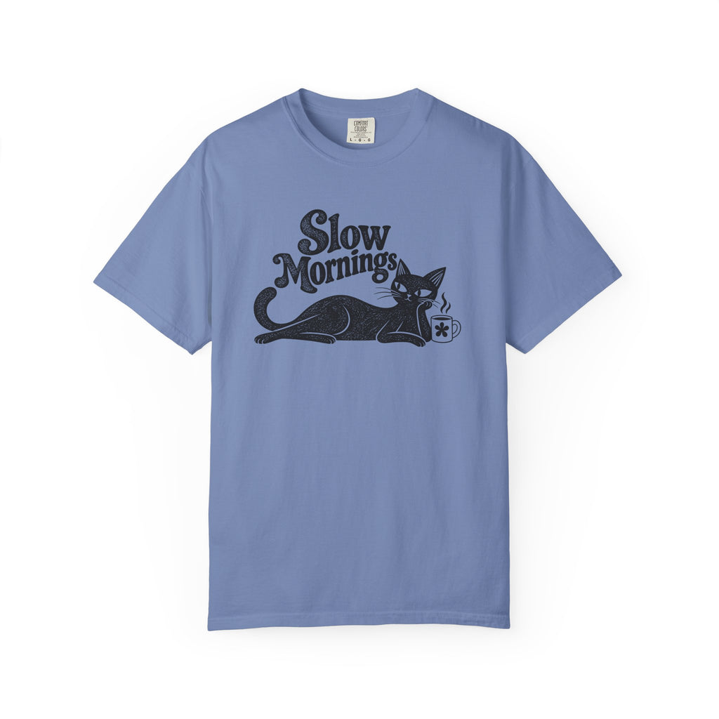 Slow Mornings Vintage T-Shirt | Retro Cat Graphic Tee | Cozy Slow Living Coffee Lover Shirt