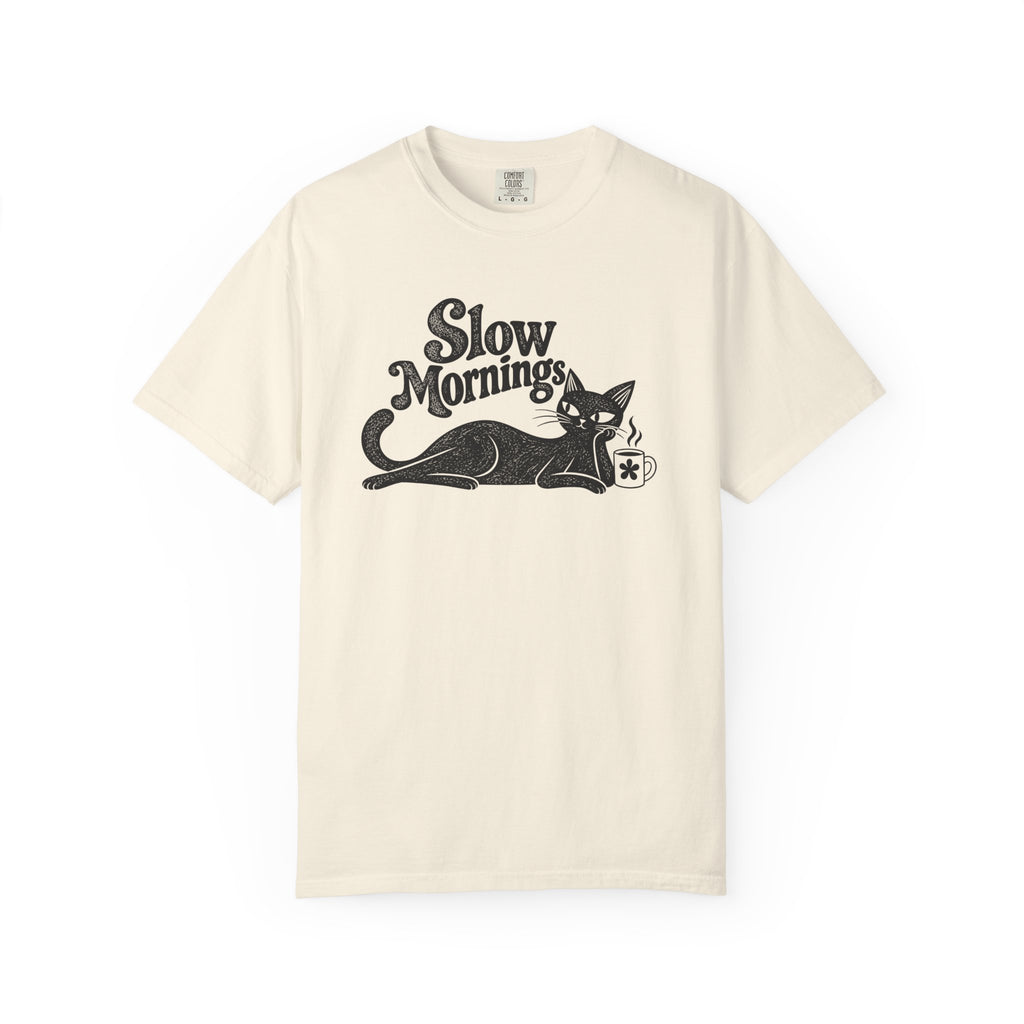 Slow Mornings Vintage T-Shirt | Retro Cat Graphic Tee | Cozy Slow Living Coffee Lover Shirt