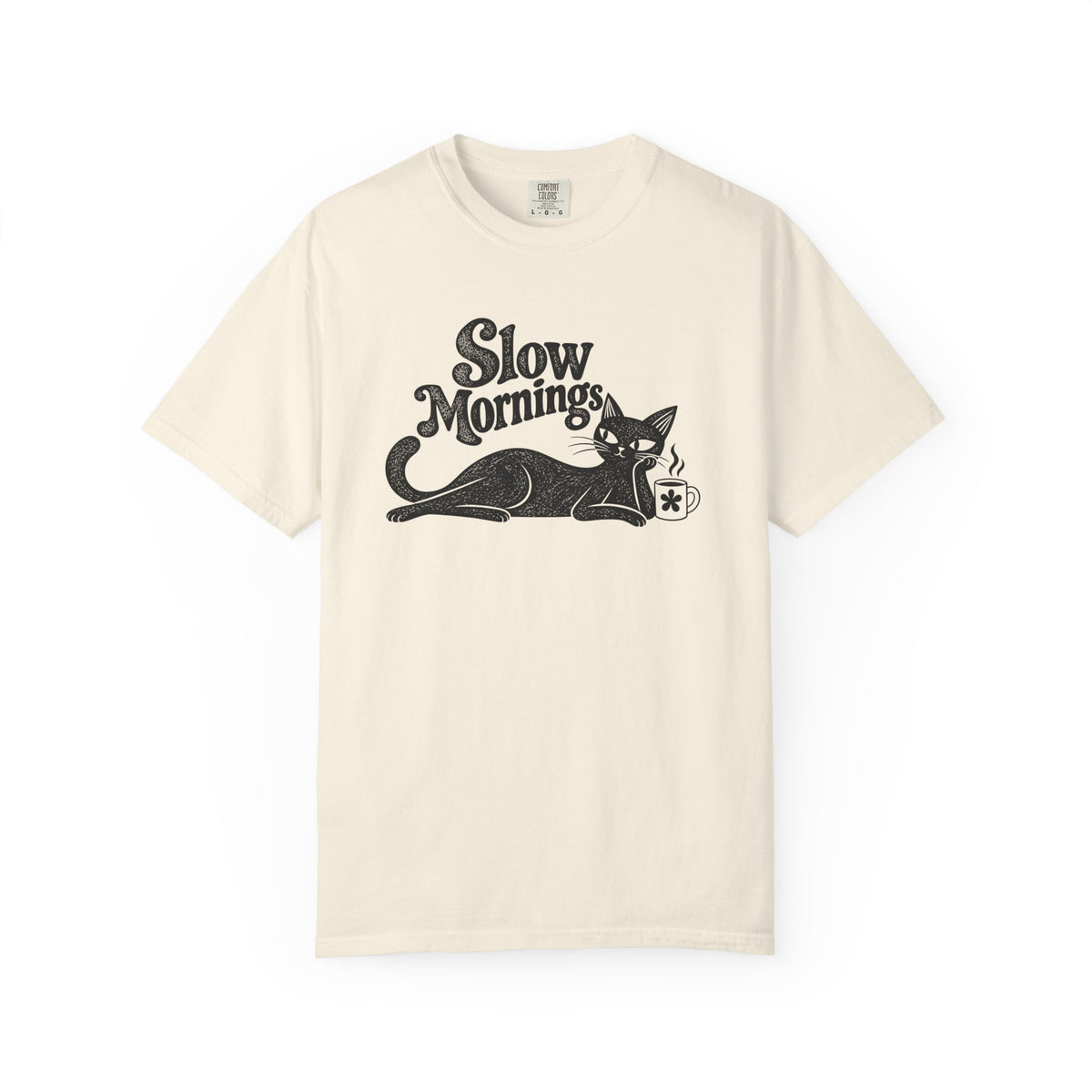 Slow Mornings Vintage T-Shirt | Retro Cat Graphic Tee | Cozy Slow Living Coffee Lover Shirt