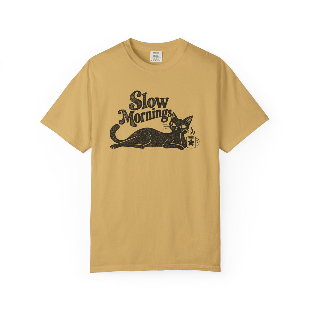 Slow Mornings Vintage T-Shirt | Retro Cat Graphic Tee | Cozy Slow Living Coffee Lover Shirt