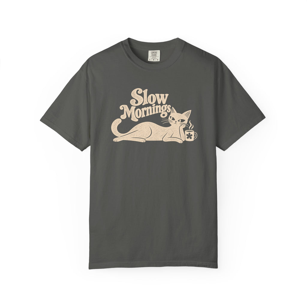 Slow Mornings Vintage T-Shirt | Retro Cat Graphic Tee | Cozy Slow Living Coffee Lover Shirt