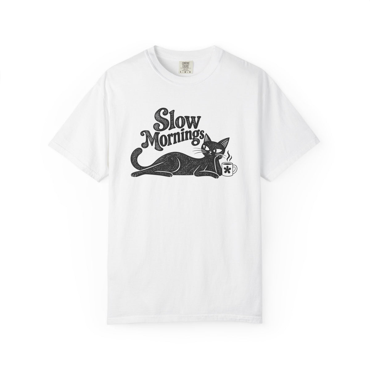 Slow Mornings Vintage T-Shirt | Retro Cat Graphic Tee | Cozy Slow Living Coffee Lover Shirt