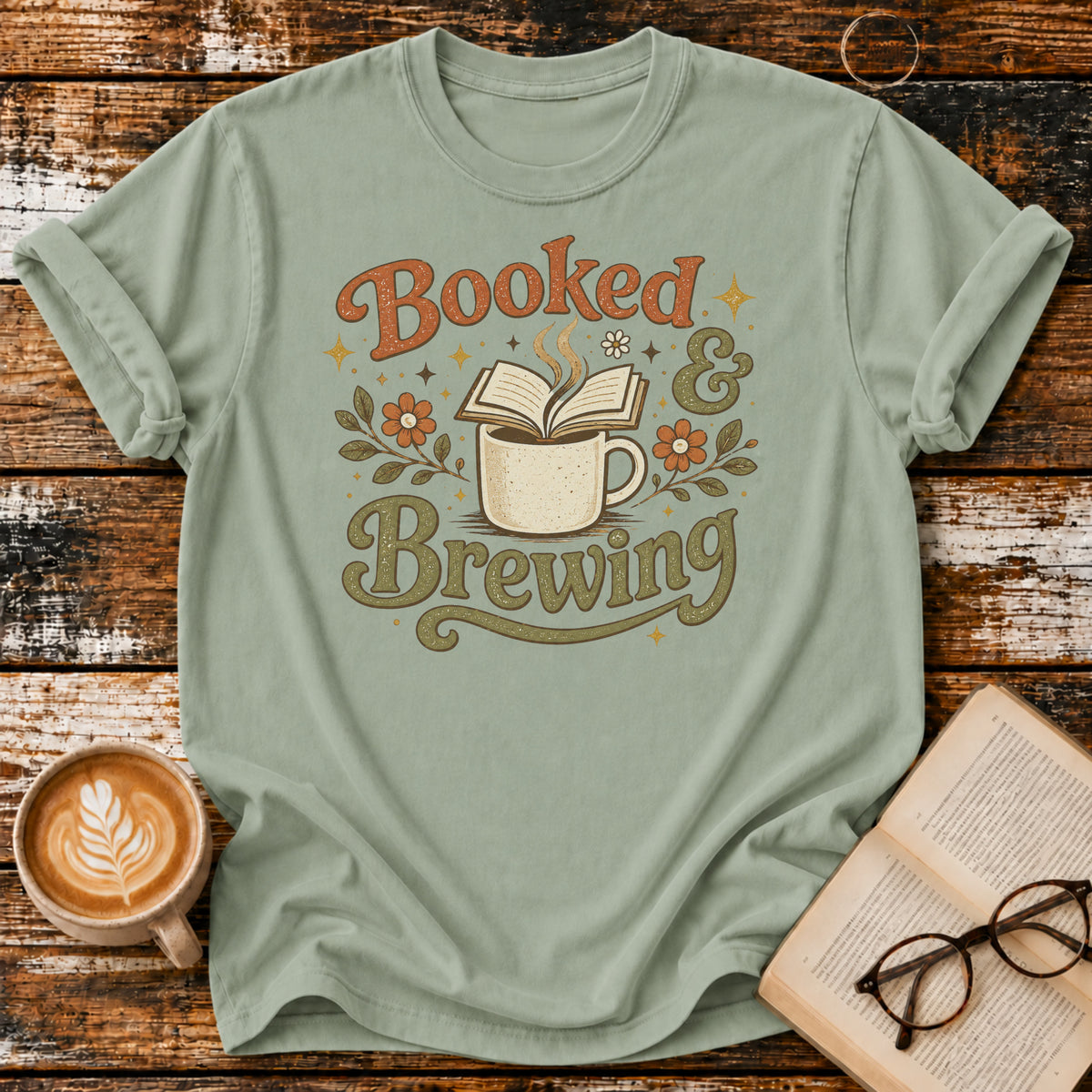 Booked & Brewing Vintage T-Shirt | Book Lover Coffee Tee | Cozy Reader Shirt