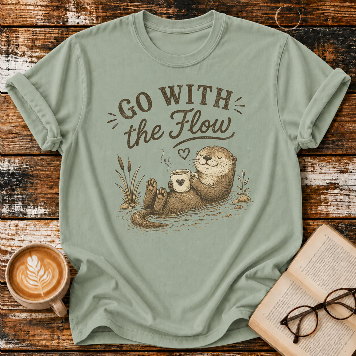 Go With the Flow Otters Vintage T-Shirt | Funny Coffee Lover Tee | Slow Living Shirt