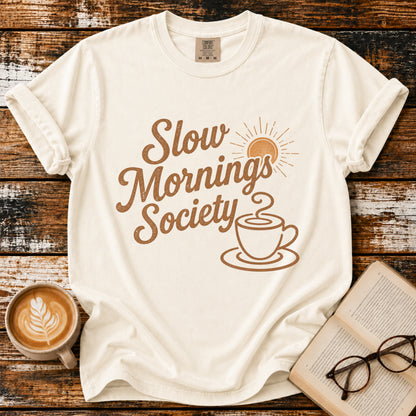 Slow Mornings  Society Vintage T-Shirt | Coffee Lover Tee | Retro Coffee Shirt