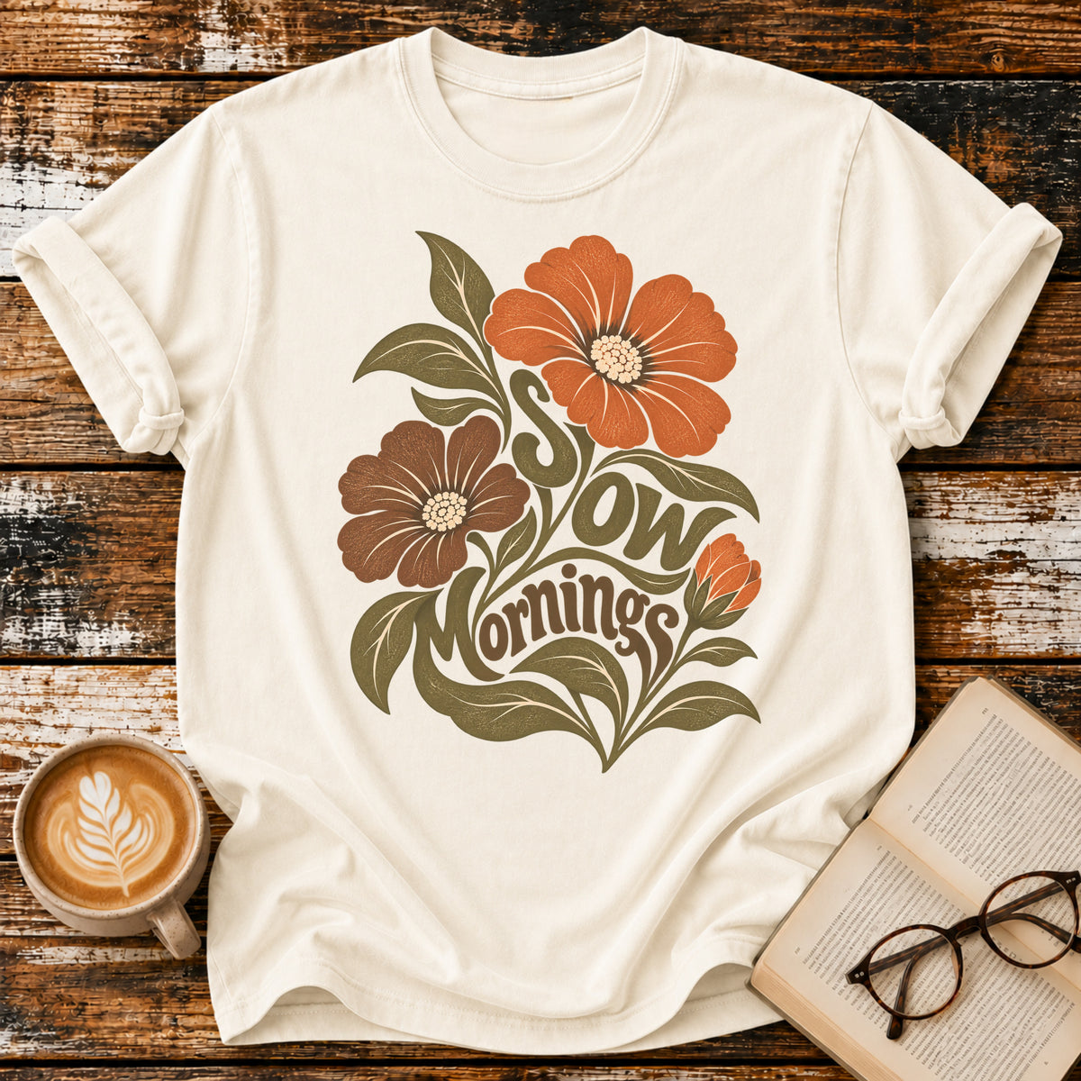 Slow Mornings Vintage T-Shirt | Retro Floral Slow Living Tee | Cozy Morning Shirt