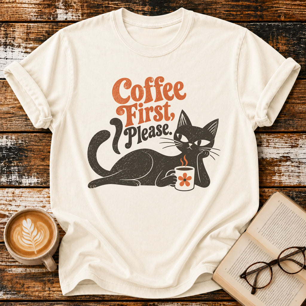 Coffee First Please Vintage T-Shirt | Retro Black Cat Coffee Lover Tee | Funny Cozy Graphic Shirt