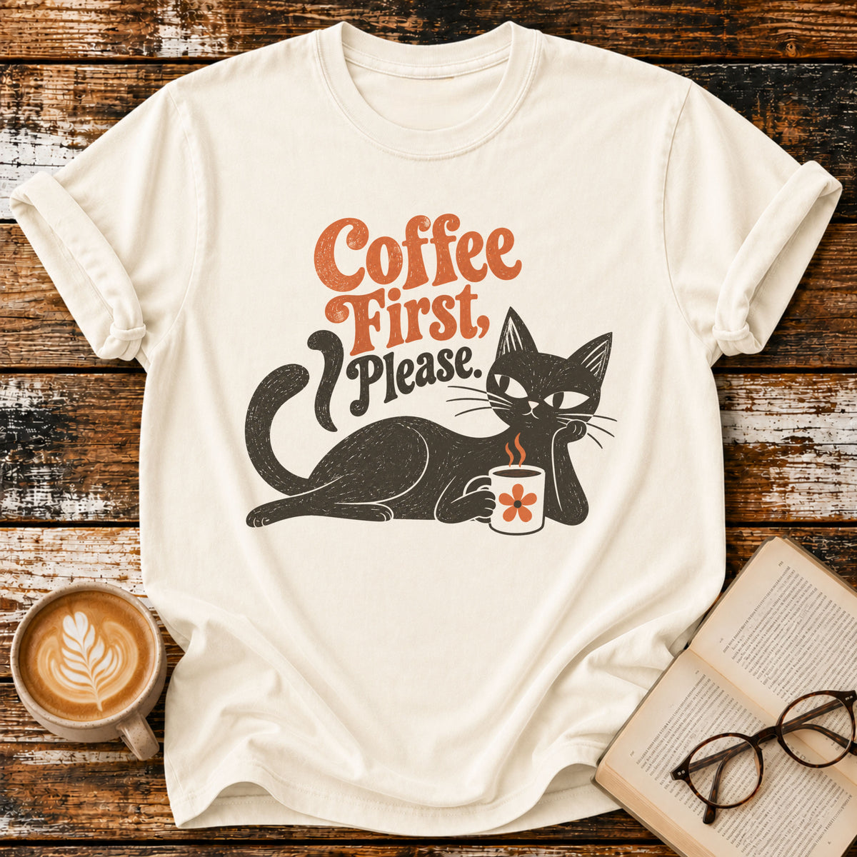 Coffee First Please Vintage T-Shirt | Retro Black Cat Coffee Lover Tee | Funny Cozy Graphic Shirt