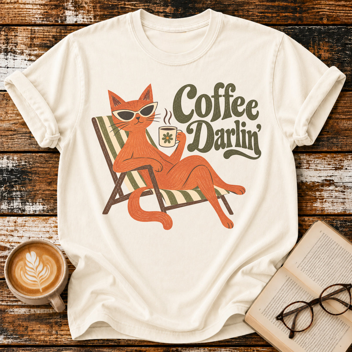 Coffee Darlin’ Vintage T-Shirt | Retro Cat Coffee Lover Tee | Funny Cozy Graphic Shirt