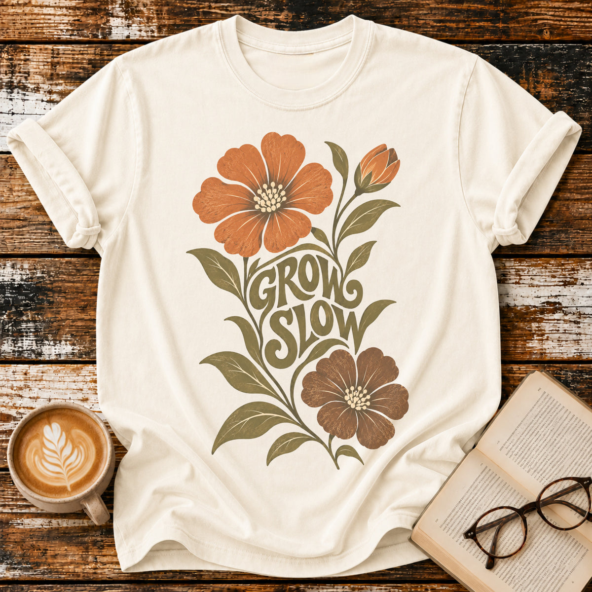 Grow Slow Vintage T-Shirt | Retro Floral Slow Living Tee | Cozy Botanical Graphic Shirt