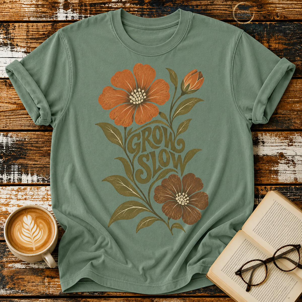 Grow Slow Vintage T-Shirt | Retro Floral Slow Living Tee | Cozy Botanical Graphic Shirt