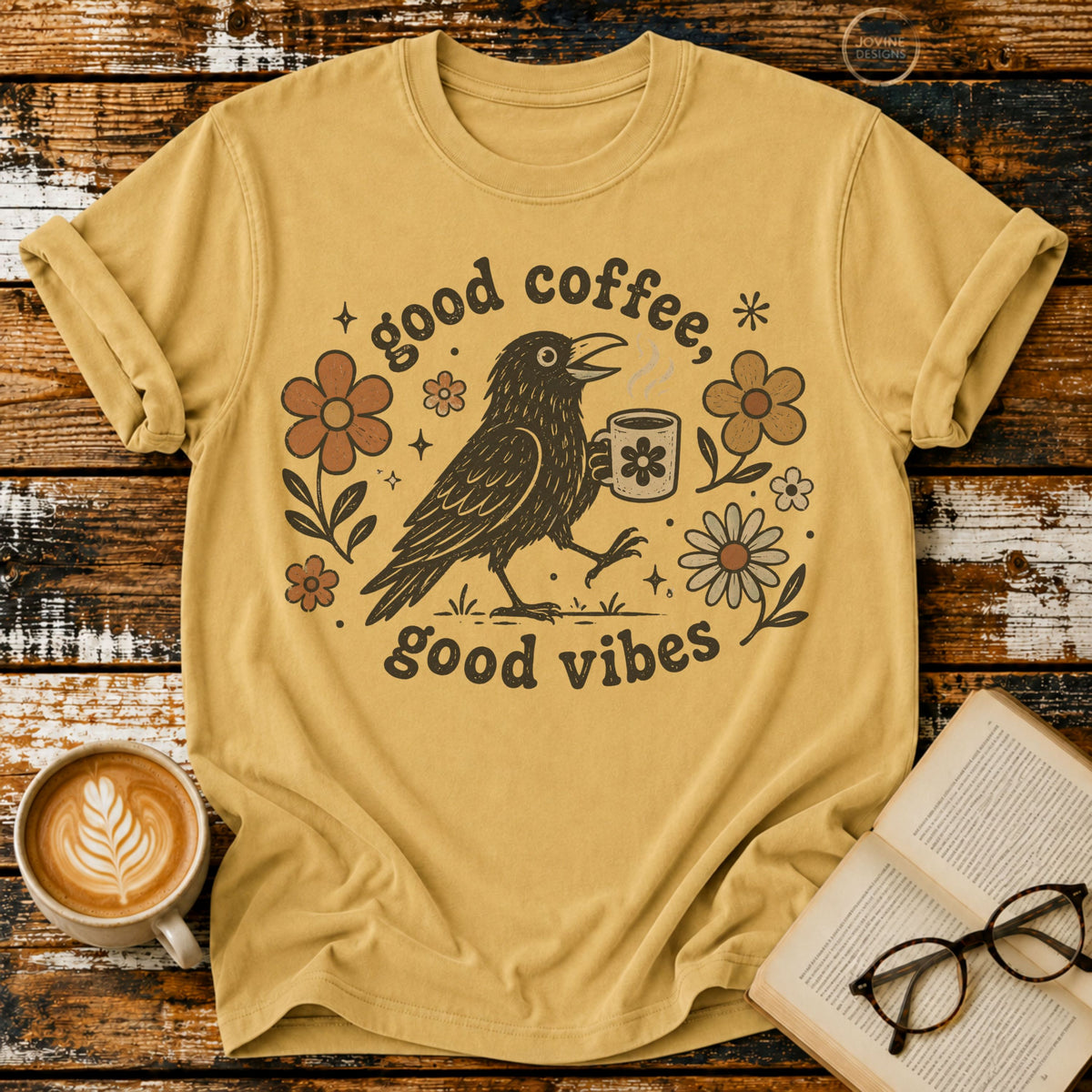 Good Coffee Good Vibes Vintage T-Shirt | Coffee Lover Crow Tee | Retro Floral Graphic Shirt