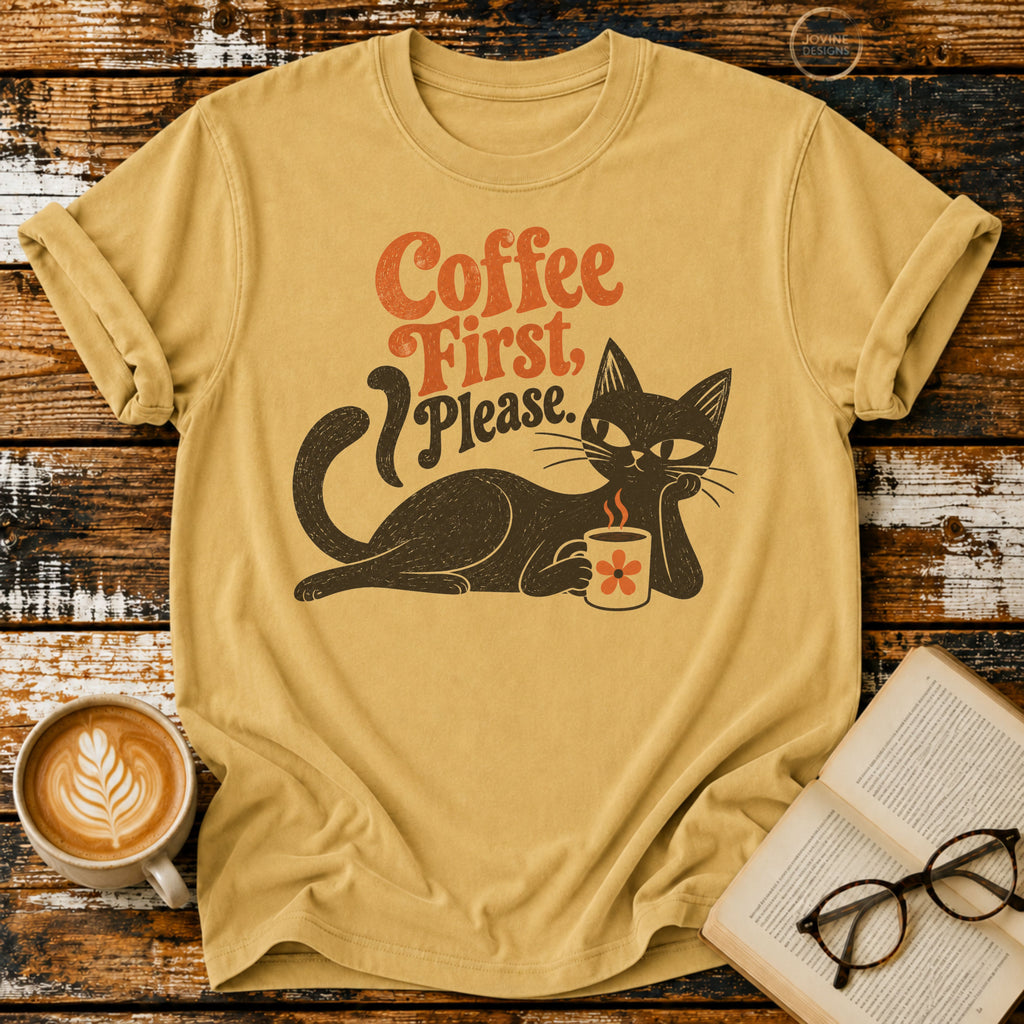 Coffee First Please Vintage T-Shirt | Retro Black Cat Coffee Lover Tee | Funny Cozy Graphic Shirt