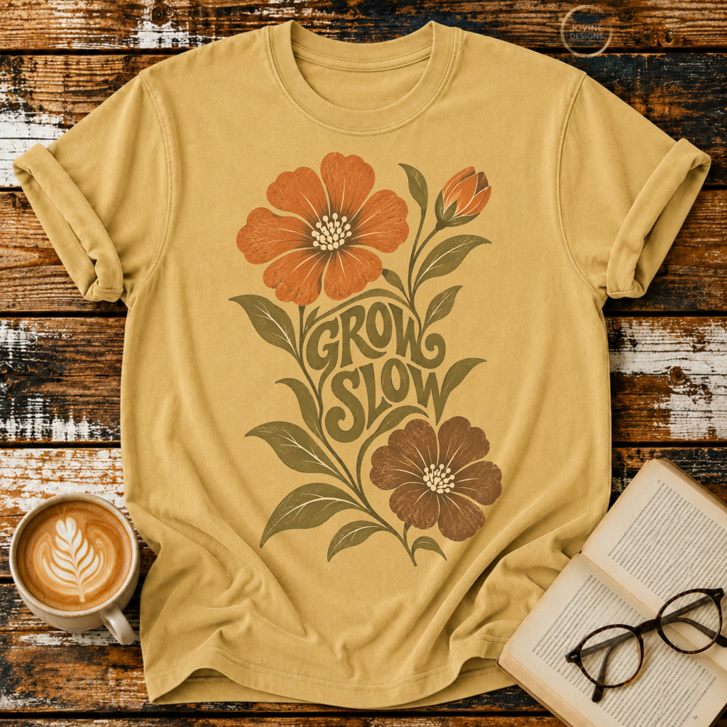 Grow Slow Vintage T-Shirt | Retro Floral Slow Living Tee | Cozy Botanical Graphic Shirt
