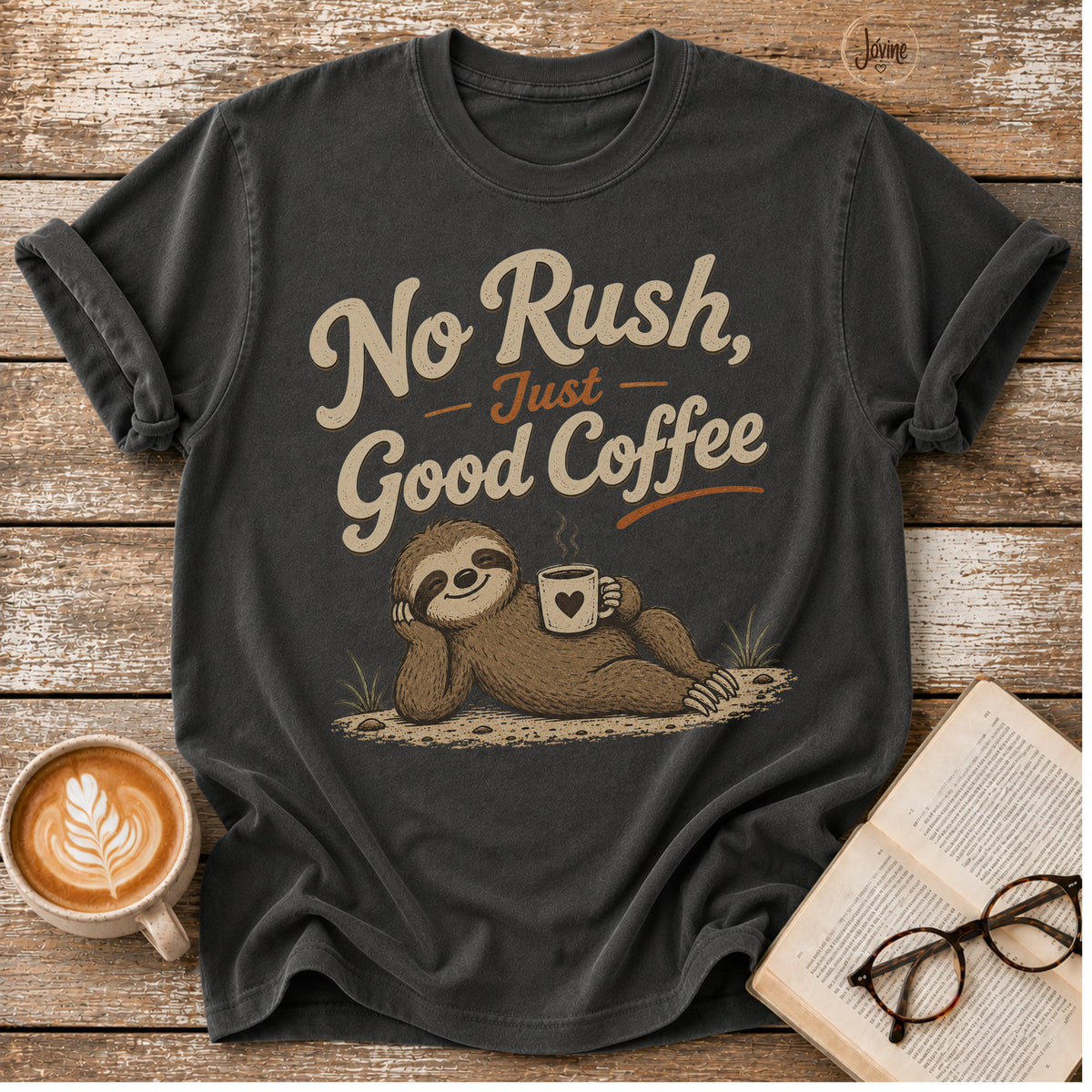 No Rush, Just Good Coffee Sloth Vintage T-Shirt | Funny Coffee Lover Tee | Slow Living Shirt