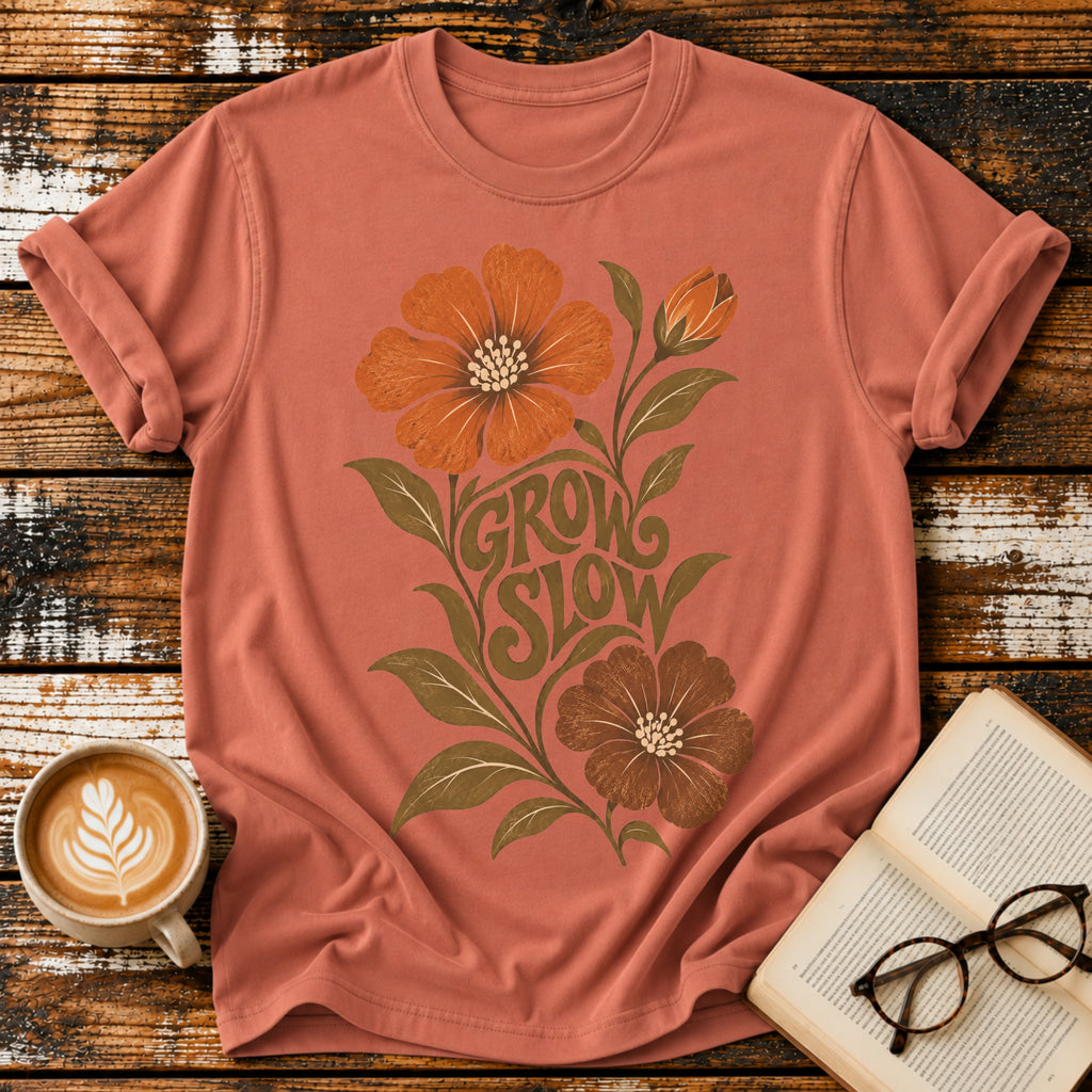 Grow Slow Vintage T-Shirt | Retro Floral Slow Living Tee | Cozy Botanical Graphic Shirt