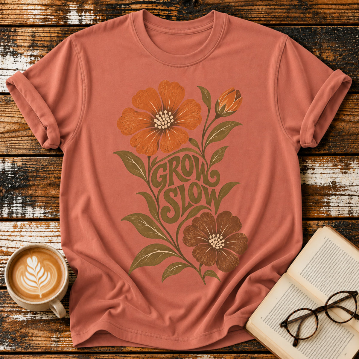Grow Slow Vintage T-Shirt | Retro Floral Slow Living Tee | Cozy Botanical Graphic Shirt
