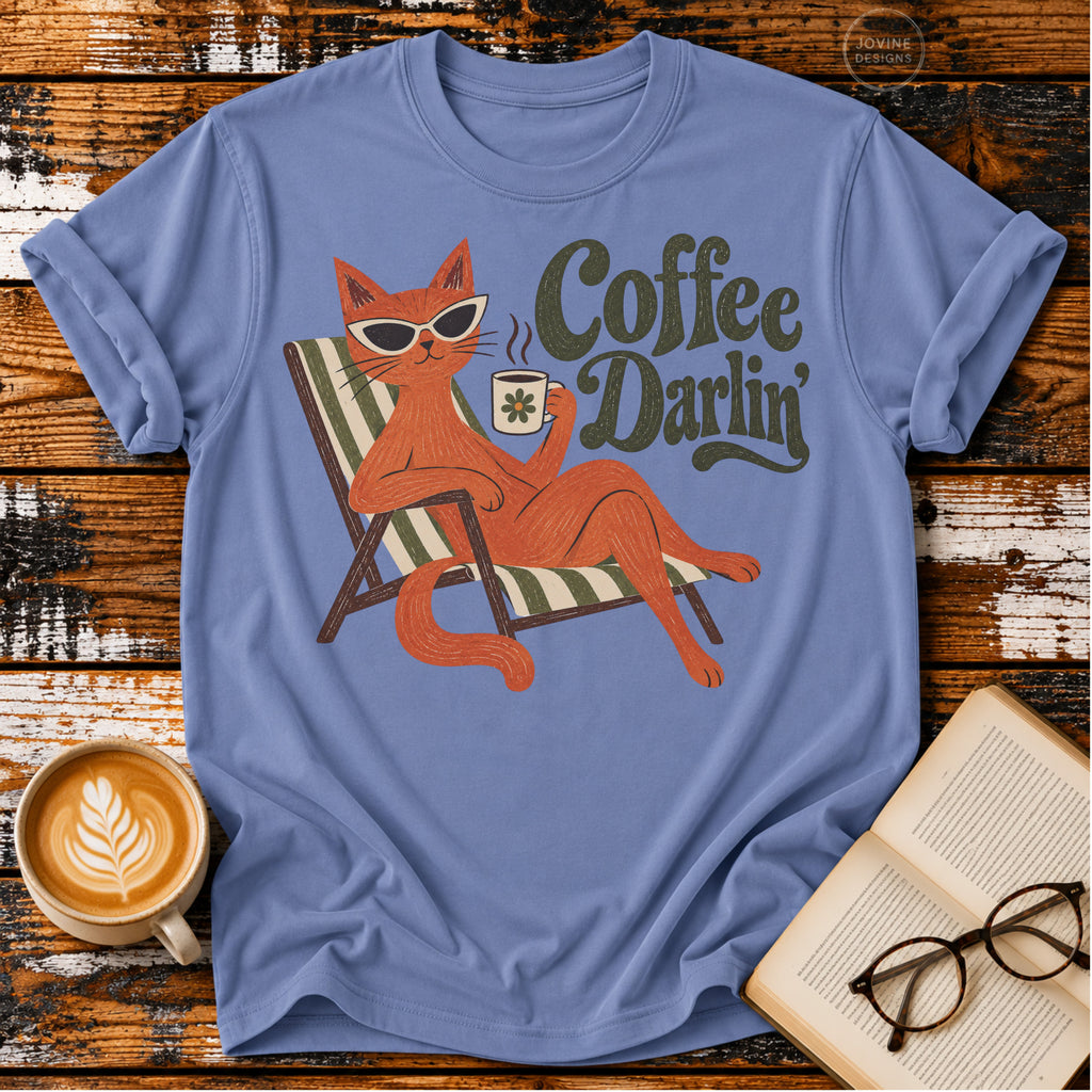 Coffee Darlin’ Vintage T-Shirt | Retro Cat Coffee Lover Tee | Funny Cozy Graphic Shirt