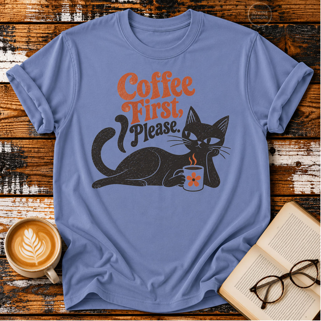 Coffee First Please Vintage T-Shirt | Retro Black Cat Coffee Lover Tee | Funny Cozy Graphic Shirt
