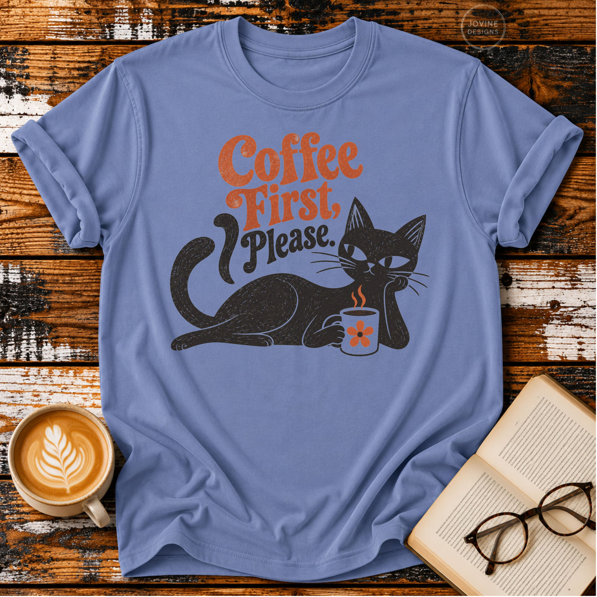 Coffee First Please Vintage T-Shirt | Retro Black Cat Coffee Lover Tee | Funny Cozy Graphic Shirt