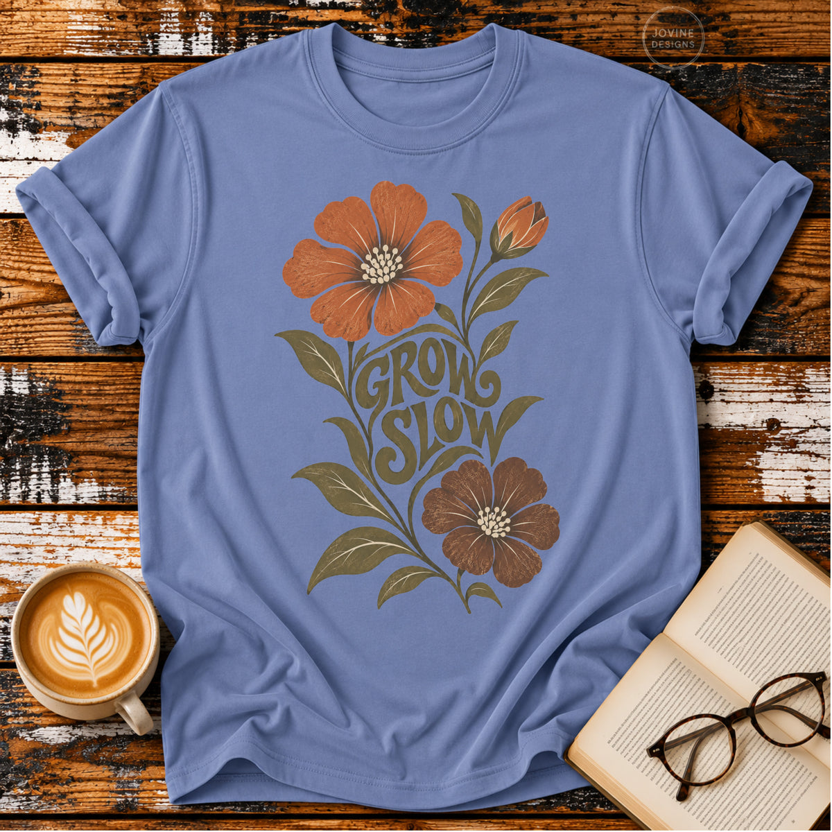 Grow Slow Vintage T-Shirt | Retro Floral Slow Living Tee | Cozy Botanical Graphic Shirt