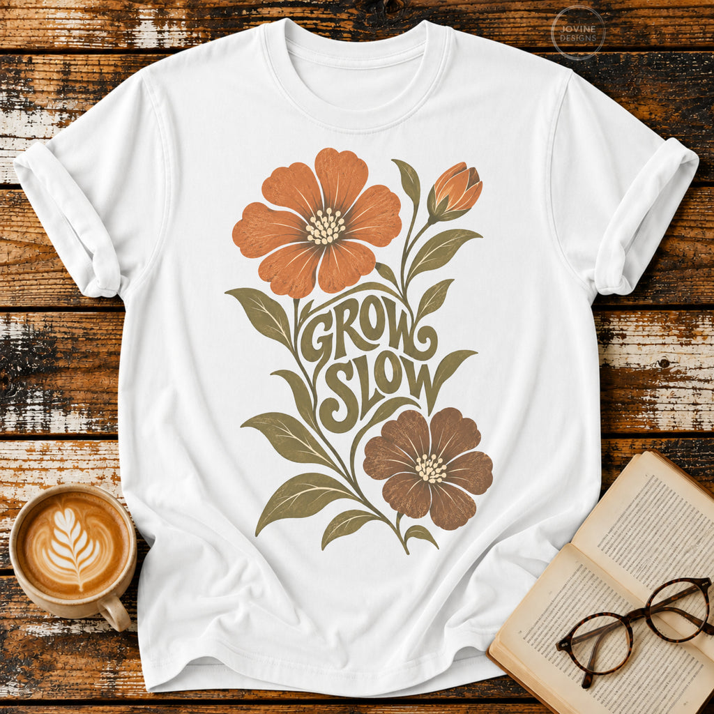 Grow Slow Vintage T-Shirt | Retro Floral Slow Living Tee | Cozy Botanical Graphic Shirt