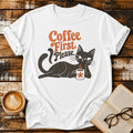 Coffee First Please Vintage T-Shirt | Retro Black Cat Coffee Lover Tee | Funny Cozy Graphic Shirt
