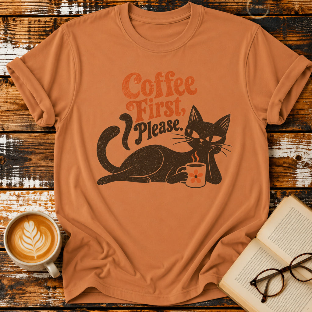 Coffee First Please Vintage T-Shirt | Retro Black Cat Coffee Lover Tee | Funny Cozy Graphic Shirt