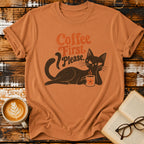 Coffee First Please Vintage T-Shirt | Retro Black Cat Coffee Lover Tee | Funny Cozy Graphic Shirt