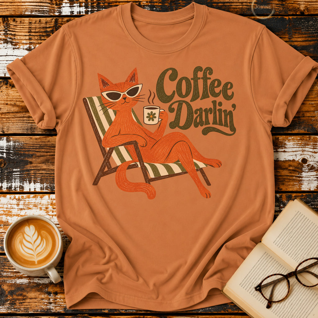 Coffee Darlin’ Vintage T-Shirt | Retro Cat Coffee Lover Tee | Funny Cozy Graphic Shirt