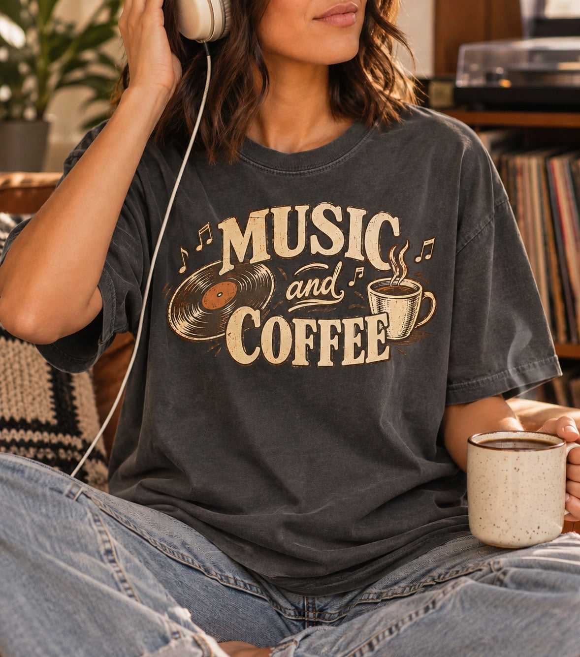 Music and Coffee Vintage T-Shirt | Retro Vinyl Coffee Lover Tee | Cozy Music Lover Shirt