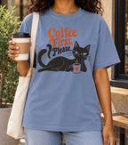 Coffee First Please Vintage T-Shirt | Retro Black Cat Coffee Lover Tee | Funny Cozy Graphic Shirt