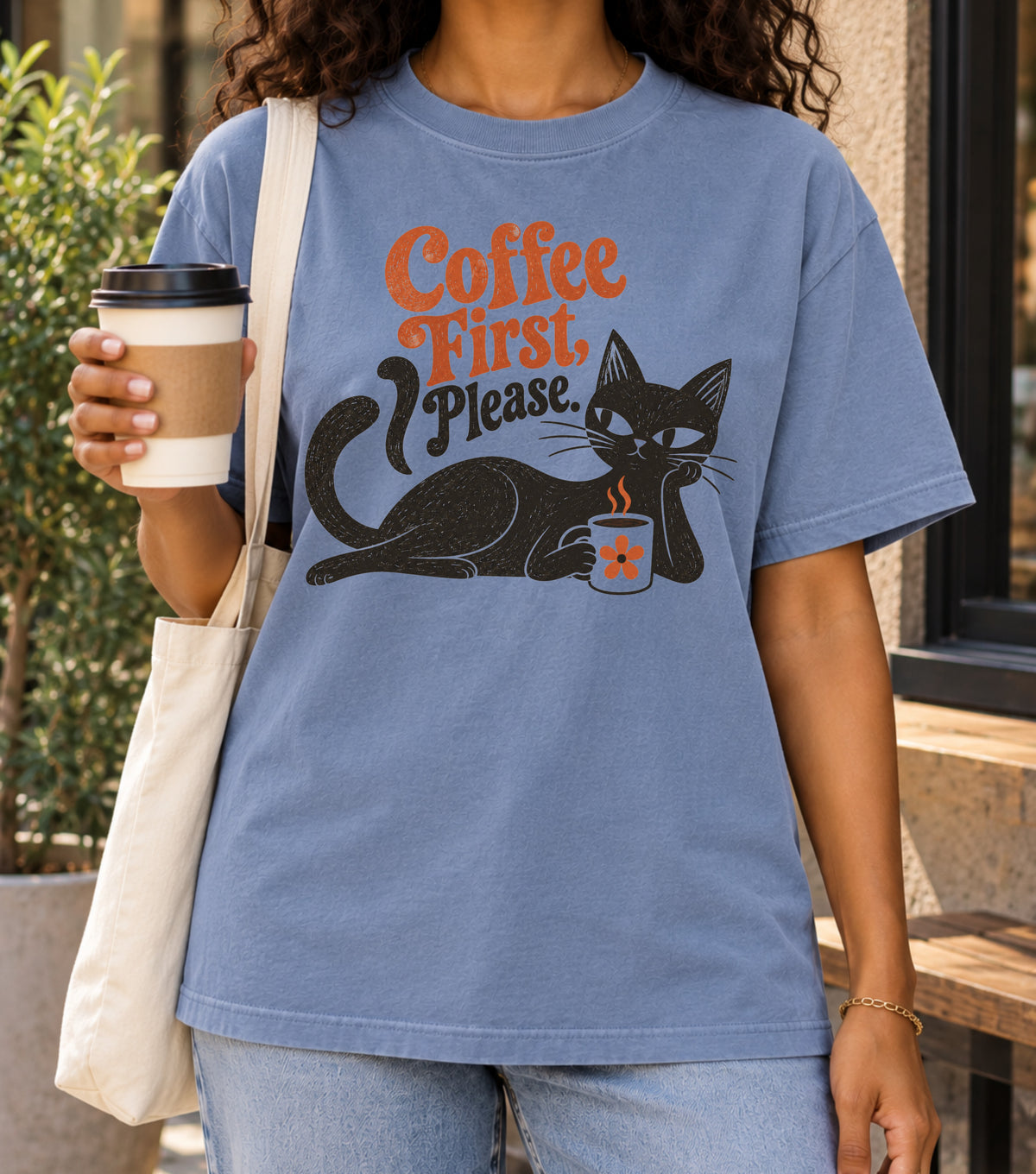 Coffee First Please Vintage T-Shirt | Retro Black Cat Coffee Lover Tee | Funny Cozy Graphic Shirt