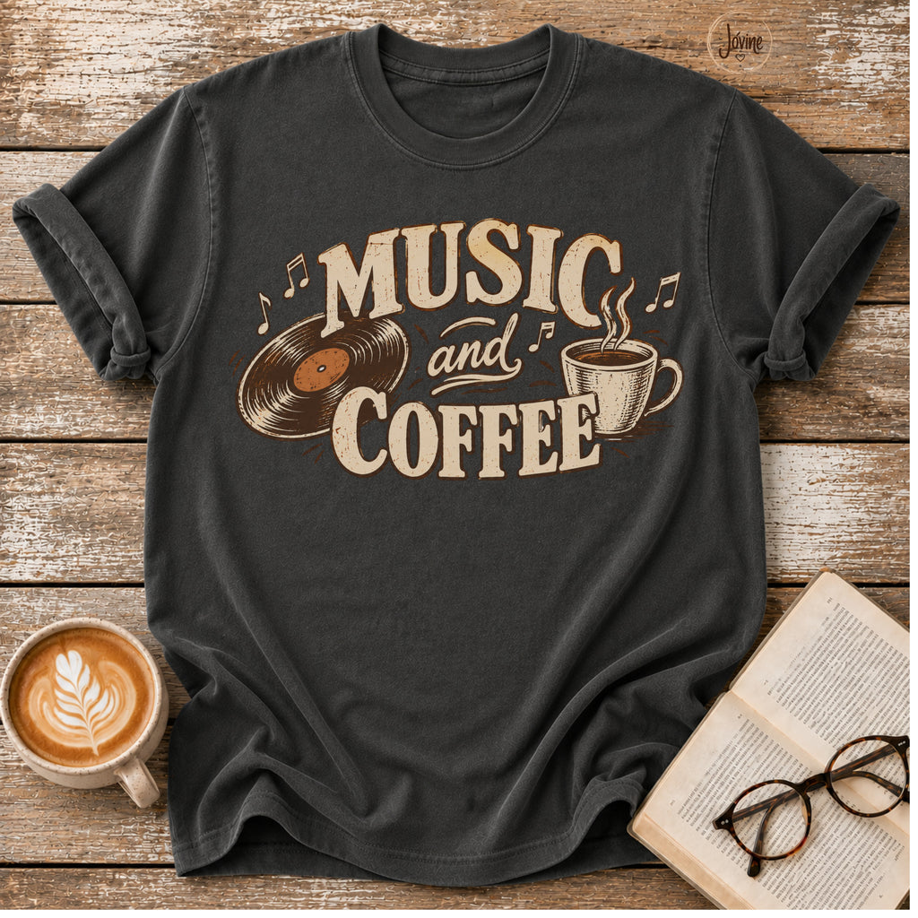 Music and Coffee Vintage T-Shirt | Retro Vinyl Coffee Lover Tee | Cozy Music Lover Shirt