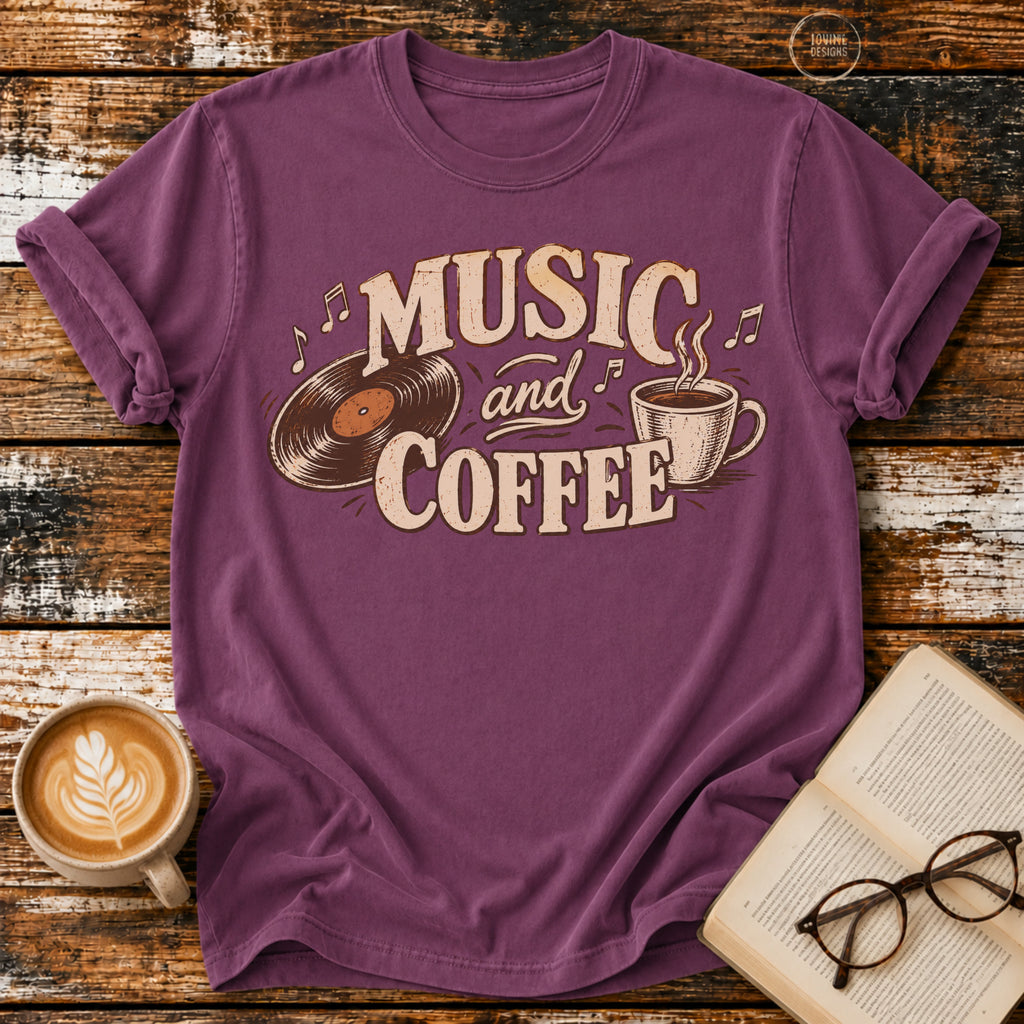 Music and Coffee Vintage T-Shirt | Retro Vinyl Coffee Lover Tee | Cozy Music Lover Shirt
