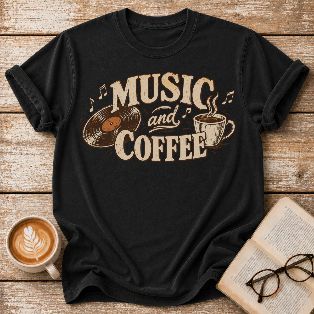 Music and Coffee Vintage T-Shirt | Retro Vinyl Coffee Lover Tee | Cozy Music Lover Shirt