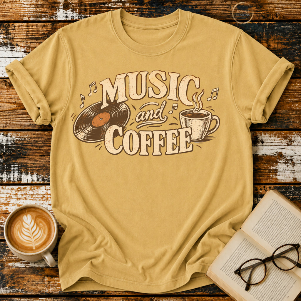 Music and Coffee Vintage T-Shirt | Retro Vinyl Coffee Lover Tee | Cozy Music Lover Shirt
