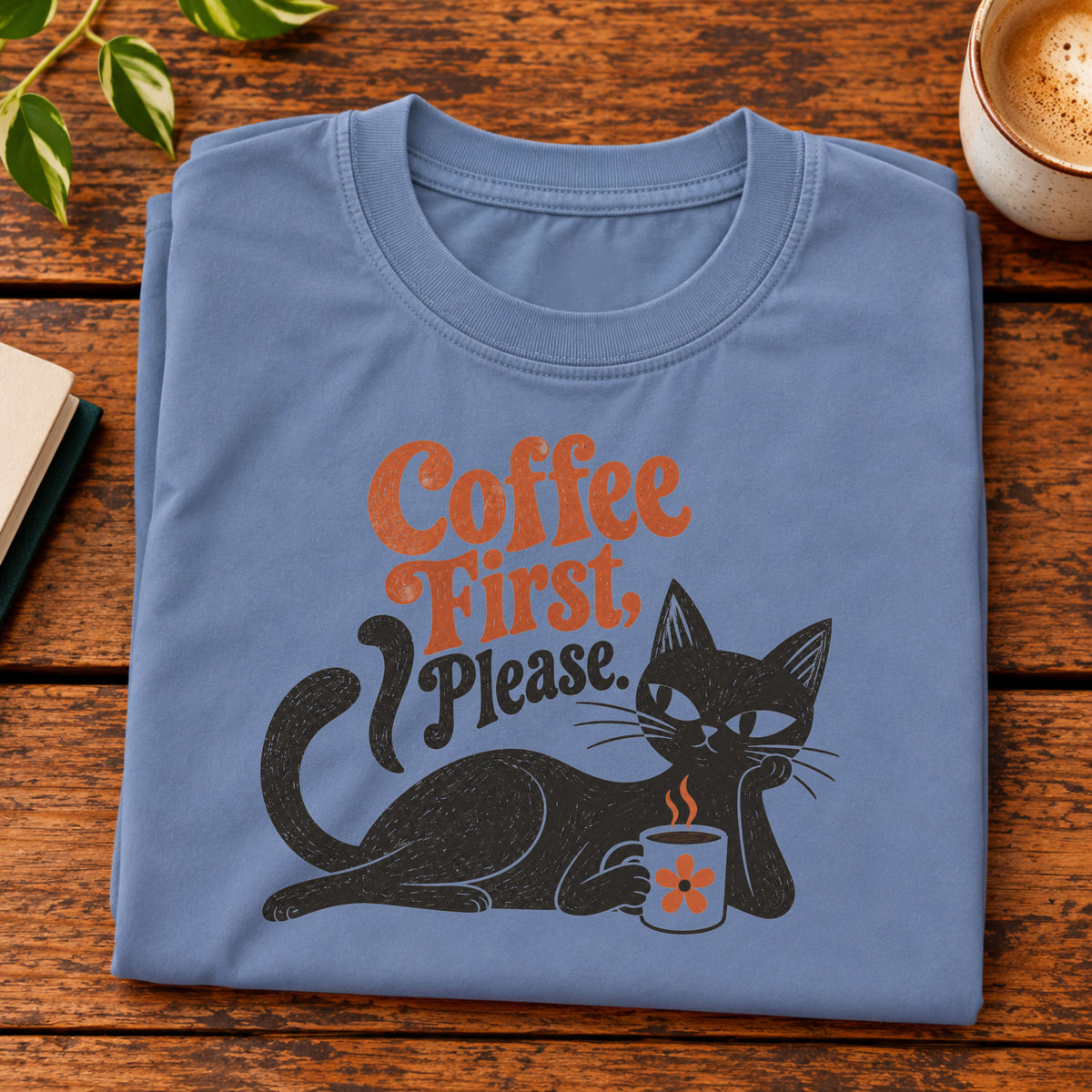 Coffee First Please Vintage T-Shirt | Retro Black Cat Coffee Lover Tee | Funny Cozy Graphic Shirt