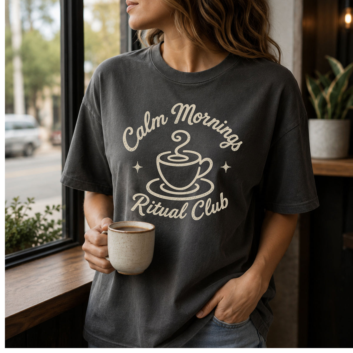 Calm Morning Ritual T-Shirt | Vintage Coffee Lover Graphic Tee | Slow Living Shirt