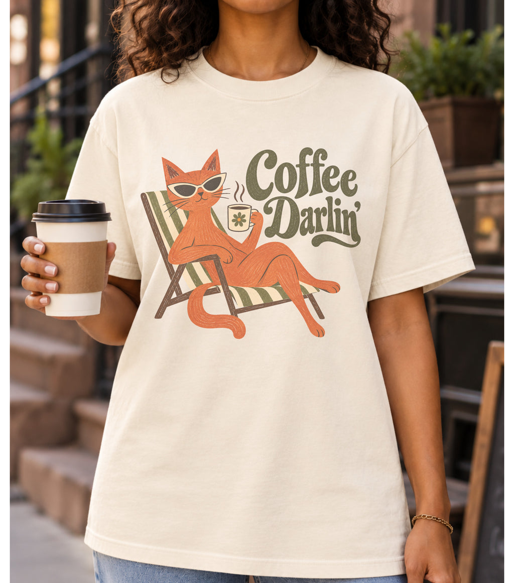 Coffee Darlin’ Vintage T-Shirt | Retro Cat Coffee Lover Tee | Funny Cozy Graphic Shirt